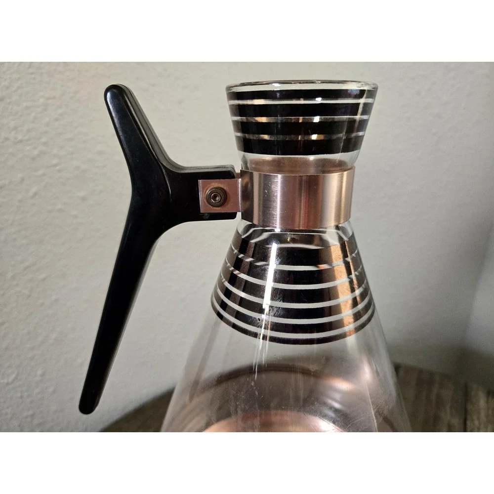 Vintage Inland Glass Copper Rose Gold Accent Coffee Carafe W/Stand MCM Retro